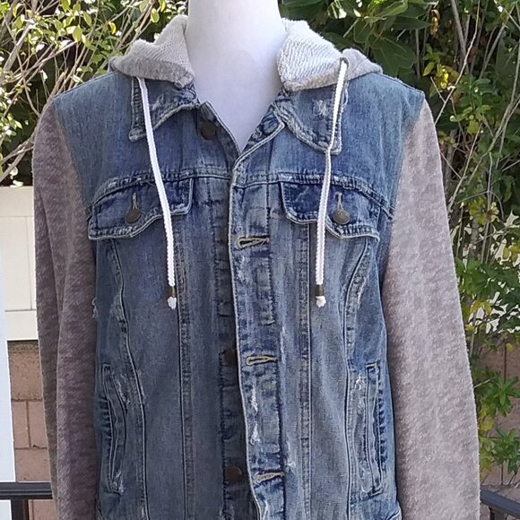 Free People Distressed Denim Gray Knit Sleeves and Hoodie Jacket Med - Picture 4 of 8